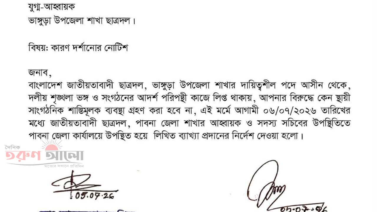 ভাঙ্গুড়া উপজেলা ছাত্রদলের যুগ্ম আহ্বায়ক শফিকুল ইসলাম সোহেলকে কারণ দর্শানোর নোটিশ,